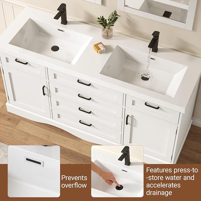 59" Bathroom Vanities Cabinet with Double Sink Combo,Modern Undermount Vanity Sink Cabinet with 2 Storage Doors and 3 Drawers,High Freestanding Bathroom Storage Cabinet with 3 Flip-top Drawers(White)
