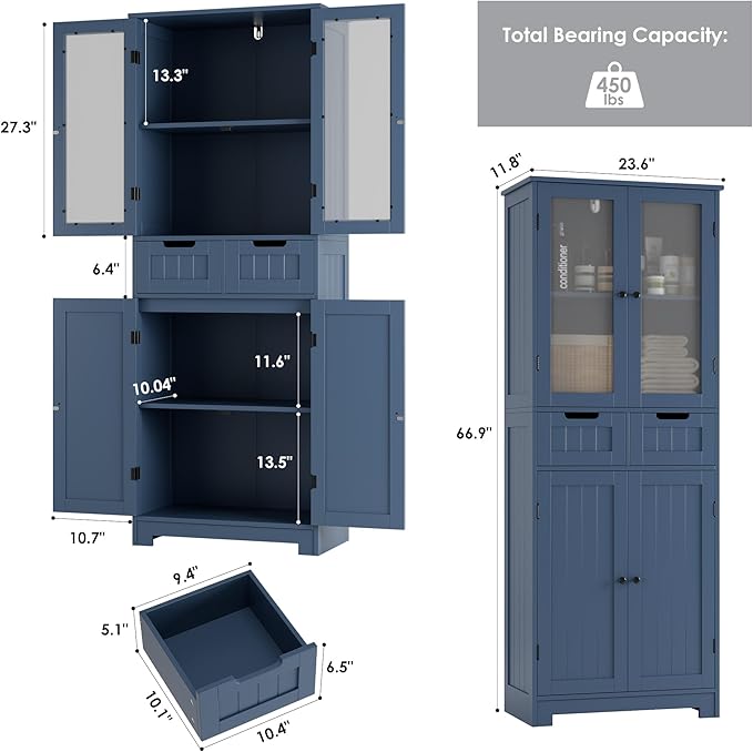 HORSTORS 67" H Bathroom Storage Cabinet, Blue Linen Cabinet with Drawers | Freestanding Bathroom Cabinet with Glass Door & Shelf, Modern Tall Storage Cabinet for Bathroom, Living Dining Room, Kitchen