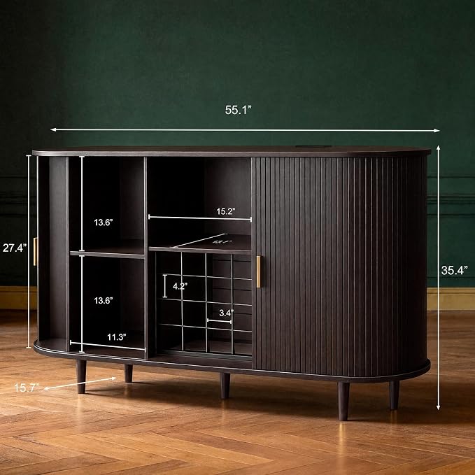 DHH 55" Wine Bar Cabinet with Storage, Fluted Liquor & Coffee Bar Cabinet with Wine Rack and Glass Holder, Buffet Sideboard with LED Lights for Home Kitchen Living Dining Room (Dark Walnut)