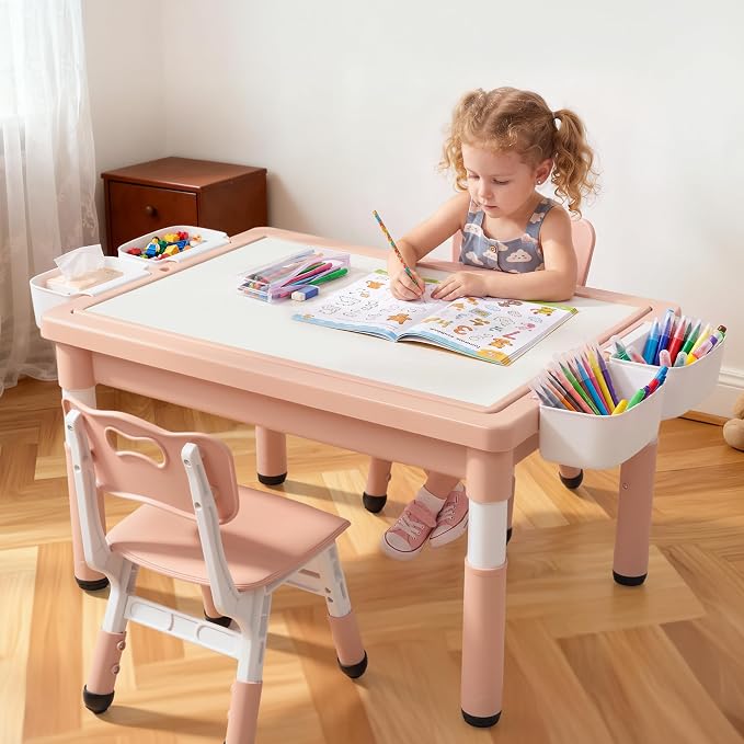 Kinder King Kids Table & 2 Chairs Set, Adjustable Heights, Storage, Pink