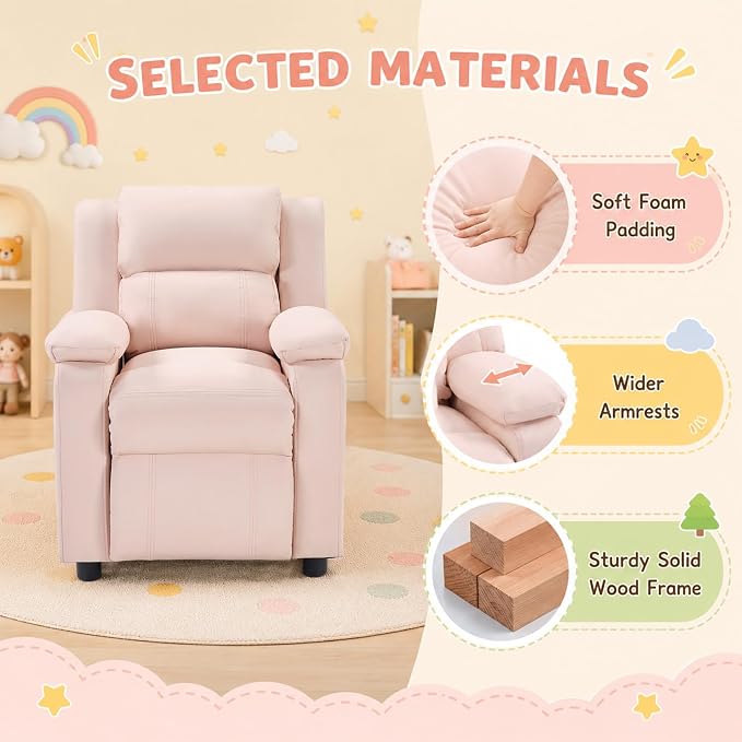 CANMOV Kids Push Back Recliner Chair, Pink Faux Leather Toddler Sofa.