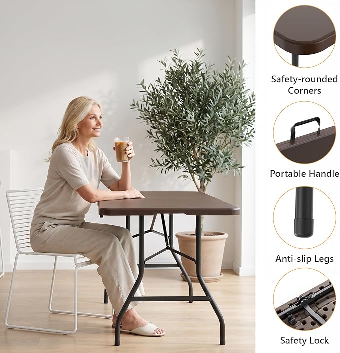 5 Foot Folding Table, Fold-in-Half Utility Table with Carrying Handle, 5FT Heavy Duty Portable Table for Party, Wedding, Picnic, Camping, Indoor & Outdoor, Brown