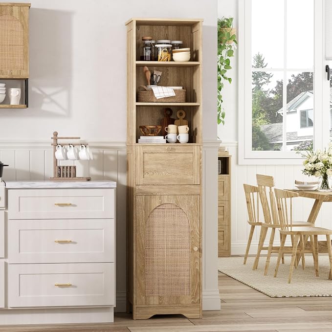 Tall Narrow Rattan Bathroom Storage Cabinet with Doors and Drawers, Natural | Freestanding Skinny Tower Linen Cabinet, Rattan Door, Rattan Drawer, Adjustable Shelves, Open Storage, for Kitchen, Bathroom