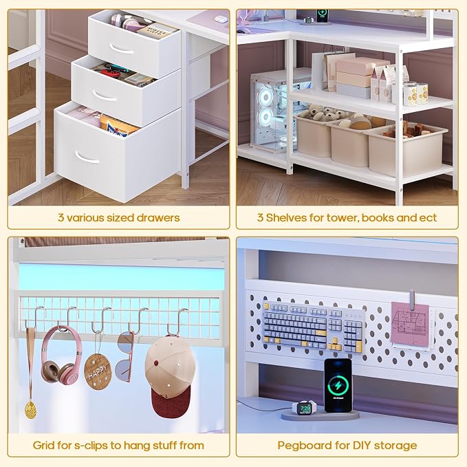 ADORNEVE Gaming Loft Bed Twin with Desk & RGB Arcylic Hutch, White