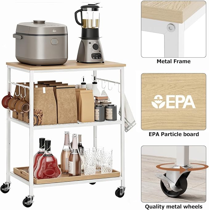 Homleke 3-Tier Rolling Kitchen Microwave Cart, Utility Cart