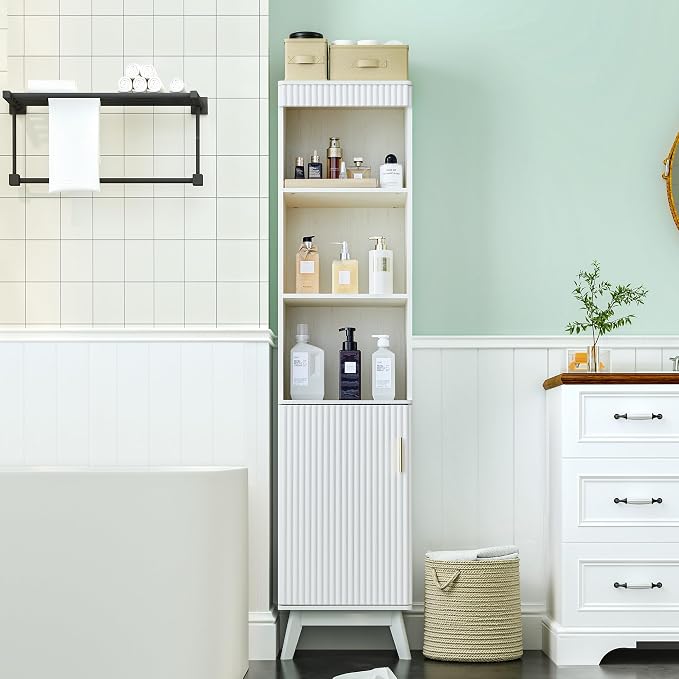 Bifins 68" Tall Bathroom Storage Cabinet,Narrow Fluted Tower Cabinet with Door and Shelves,Slim Space Saving Storage Unit for Bathroom Kitchen Living Room (White, 11.8" D x 15.75" W x 68" H) | Narrow,Fluted Door,Adjustable Shelf,5 Tier,Next to Toilet,N...
