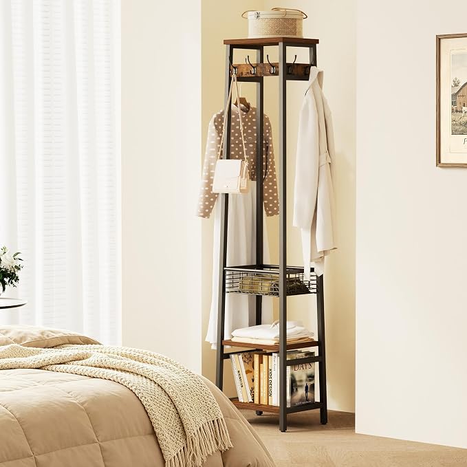 Coat Rack with Metal Basket and Storage Shelves