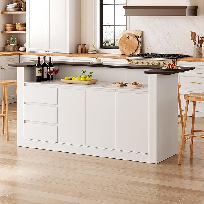 86.6" Large Kitchen Island with Trash Can Storage, White