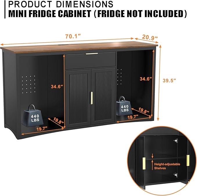 GDLF 70.1" Coffee Bar Cabinet with Fridge Space, Fluted Sideboard,Black