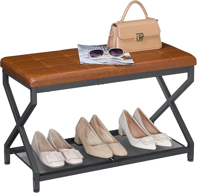 HOOBRO 29.5" Shoe Bench, Entryway Bench with Tufted PU Leather Cushion, Boot-Friendly Shoe Rack Bench Holds 300 lb, Industrial Shoe Storage Organizer for Small Space Front Door, Whiskey Brown CB24HX01