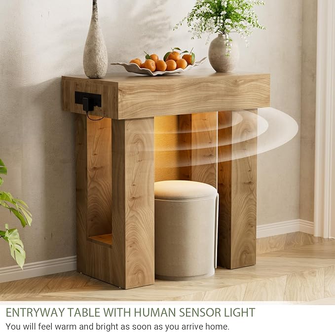 Unikito 32" Entry Table with Sensor Light and Power Outlets, Natural Oak