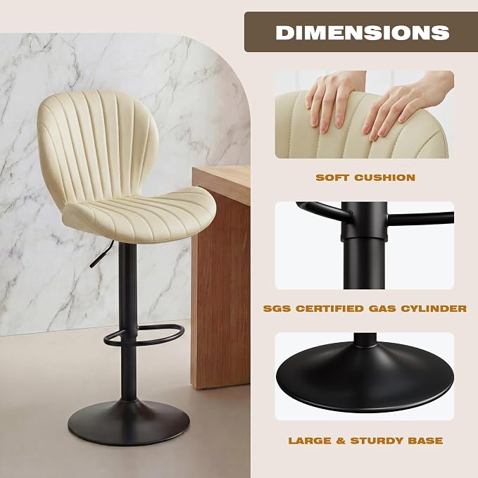 GRUSIGN Bar Stools Set of 4, Modern Swivel Adjustable Bar Chairs, Faux Leather Upholstered Counter Height Bar Stools with Backrest, Comfort Barstools for Kitchen Island, Home Bar, Beige