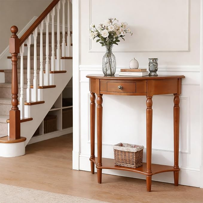 Half Moon Console Table Solid Wood Vintage Entryway Table with Storage Drawer Small Hallway Table for Entryway Half Round Foyer Tables Walnut Entry Way Tables For Entrance (Cherry, W-39.4")