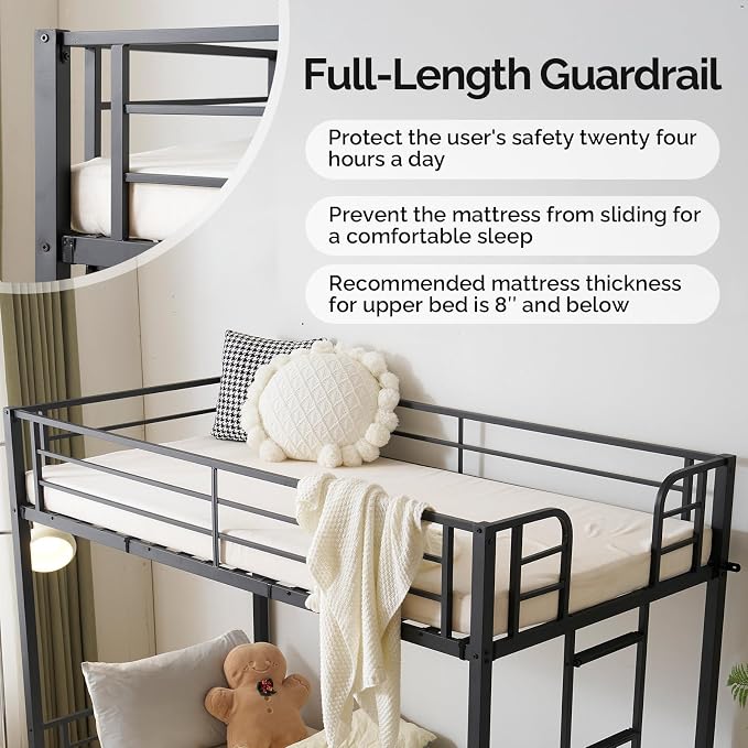 Bonnlo Metal Bunk Bed Twin Over Twin with LED Lights and Charging Station, Heavy Duty Twin Bunk Bed with 13.4-Inch Guardrails, Non-Slip Ladder, 8-Inch Underbed Storage, No Box Spring Needed, Black