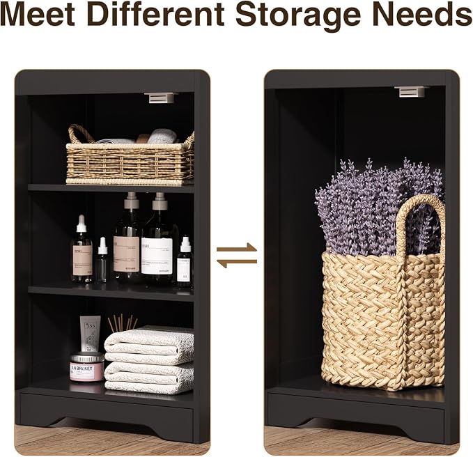 Tall Narrow Rattan Bathroom Storage Cabinet with Doors and Drawers, Black | Freestanding Skinny Tower Linen Cabinet, Rattan Door, Rattan Drawer, Adjustable Shelves, Open Storage, for Kitchen, Bathroom
