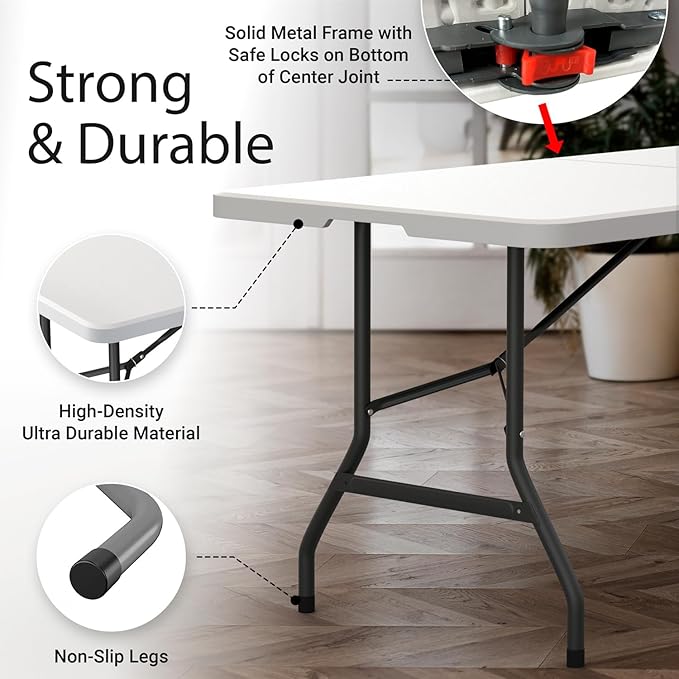2 PACK of 6 Feet Foldable Table with Built in Handle & Steel Legs | 6FT Heavy Duty Folding Portable | Perfect for Party, Dining, Wedding, Events, Picnic Indoor, Outdoor, Camping, Folding - 6 Foot
