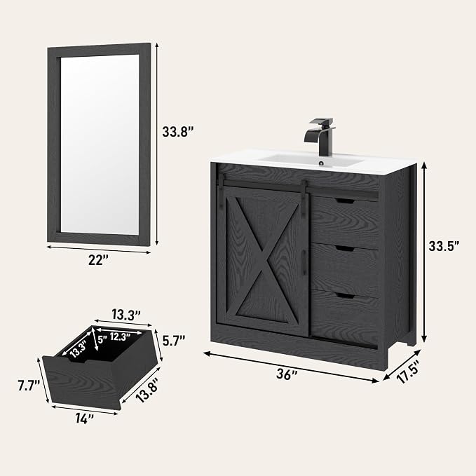 chartustriable 36 Inch Bathroom Vanity with Sink & Faucet & Mirror, Farmhouse Bathroom Vanity Cabinet Set with Sliding Barn Door & Drawers, Small Single Bath Storage Vanity Sink, Black
