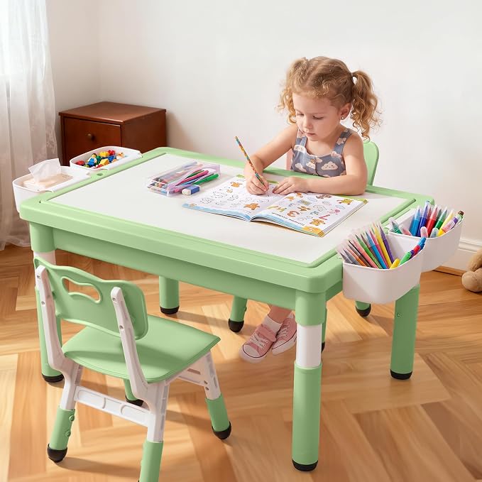 Kinder King Kids Table & 2 Chairs Set, Adjustable Heights, Storage, Green