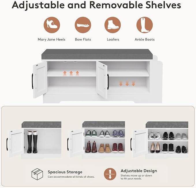 Farmhouse Shoe Storage Bench with 3-in-1 Entryway Storage & Padded Seat