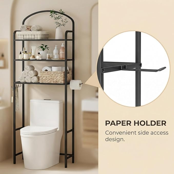 3 Tier Over The Toilet Storage Rack, Bathroom Organizer | Toilet Storage with 4 Hooks & Paper Holder, Space-Saving, Freestanding Bathroom Shelf, Metal, Black