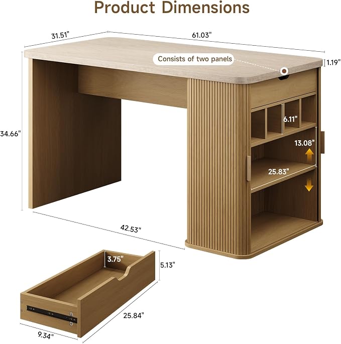 ONBRILL 61 Inch Fluted Kitchen Island with Storage Travertine Color