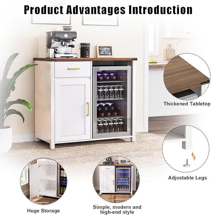 GDLF Coffee Bar Cabinet with Fridge Space, Mini Fridge Stand,White
