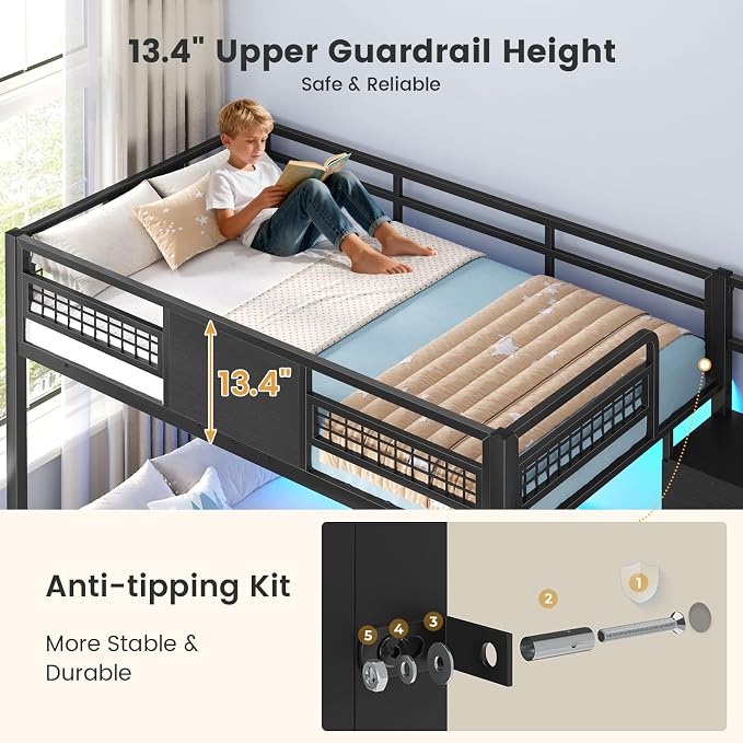 BTHFST Bunk Bed Twin Over Twin with Stairs, Storage Drawers and LED Lights