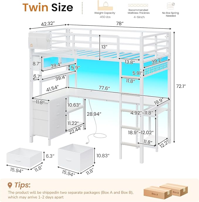 DICTAC Twin Loft Bed with L-Shaped Desk,Bookshelf and Glass Cabinet,Gaming Loft Bed Twin Size with Led Lights,Hutch and Charging Station,Metal Loft Beds for Teen with Safety Guardrail and Stair,White