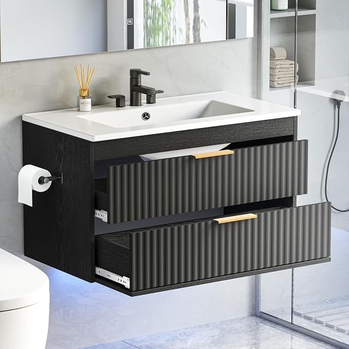 30 Inch Floating Bathroom Vanity with Sink & Towel Holder, Fluted Wall Mounted Vanity Cabinet, Modern Bathroom Combo with LED Light, Metal Handle & Double Soft-Closing Drawers, Black