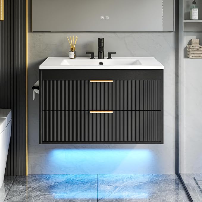 30 Inch Floating Bathroom Vanity with Sink & Towel Holder, Fluted Wall Mounted Vanity Cabinet, Modern Bathroom Combo with LED Light, Metal Handle & Double Soft-Closing Drawers, Black