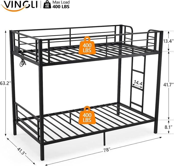 Bonnlo Metal Bunk Bed Twin Over Twin with LED Lights and Charging Station, Heavy Duty Twin Bunk Bed with 13.4-Inch Guardrails, Non-Slip Ladder, 8-Inch Underbed Storage, No Box Spring Needed, Black
