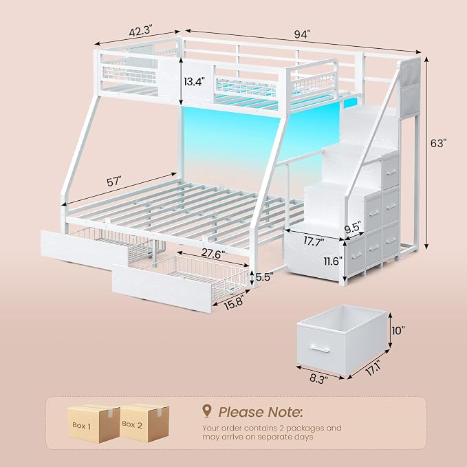 BTHFST Bunk Bed Twin Over Full with Stairs, Storage Drawers and LED Lights