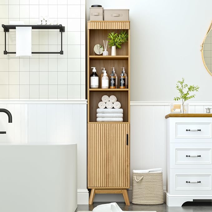 Bifins Natural 68" Tall Bathroom Storage Cabinet,15.7" Width | Narrow,Fluted Door,Adjustable Shelf,5 Tier,Next to Toilet,Next to TV Stand,Laundry Storage,Space Saving,Tower Storage