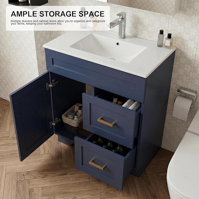 30 Inch Bathroom Vanity with Sink, Modern Shaker Bathroom Sink Cabinet with Soft-Close Door & 2 Drawers, Wood Freestanding Bathroom Storage Cabinet with Ceramic Basin, Navy Blue