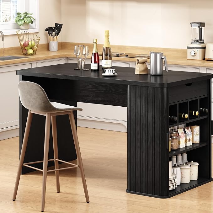 ONBRILL 61 Inch Fluted Kitchen Island with Storage Black