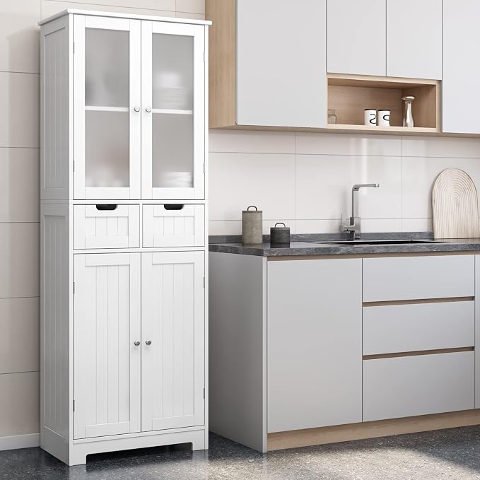 HORSTORS 67" H Bathroom Storage Cabinet, White Linen Cabinet with Drawers | Freestanding Bathroom Cabinet with Glass Door & Shelf, Modern Tall Storage Cabinet for Bathroom, Living Dining Room, Kitchen