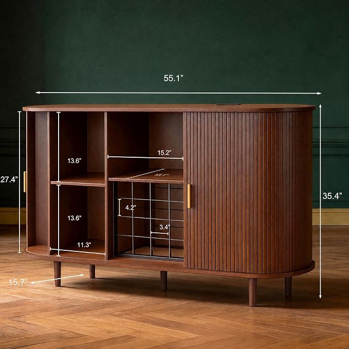 DHH 55" Wine Bar Cabinet with Storage, Fluted Liquor & Coffee Bar Cabinet with Wine Rack and Glass Holder, Buffet Sideboard with LED Lights for Home Kitchen Living Dining Room(Walnut)