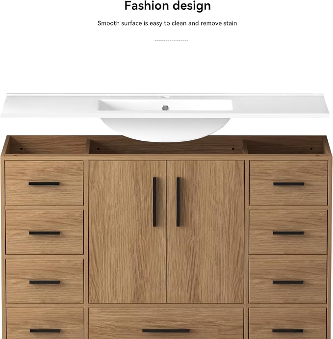 LUMISOL 48 Inch Bathroom Vanity with Sink, Freestanding Bathroom Vanity with 9 Storage Drawers and 2 Soft-Closing Doors, Wood 48" Bathroom Vanities with Resin Sink, Light Oak