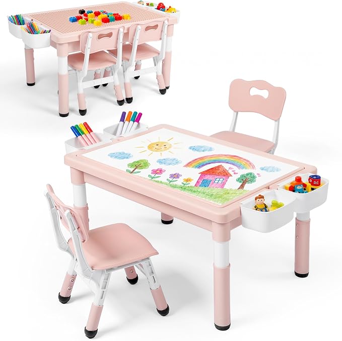 Kinder King Kids Table & 2 Chairs Set, Adjustable Heights, Storage, Pink