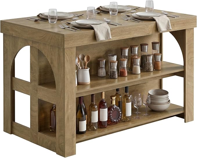 LITTLE TREE Kitchen Island with Storage, 55-Inch Large Stationary Center Island with Seating Space & 3 Shelves, Farmhouse Wooden Bar Table for Kitchen, Rustic Brown