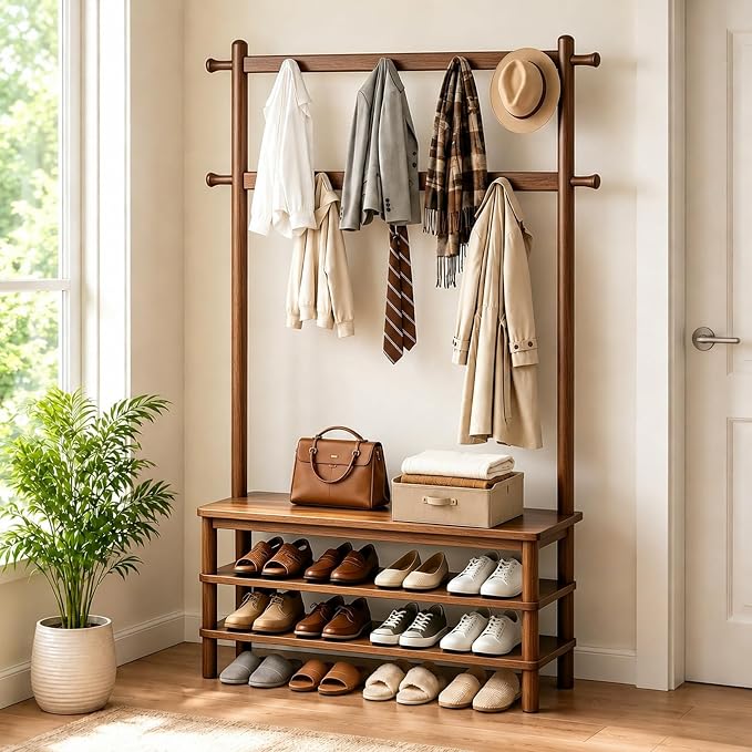 Solid Wood Hall Tree with Bench, Shoe Rack & 11 Hooks 35.0''