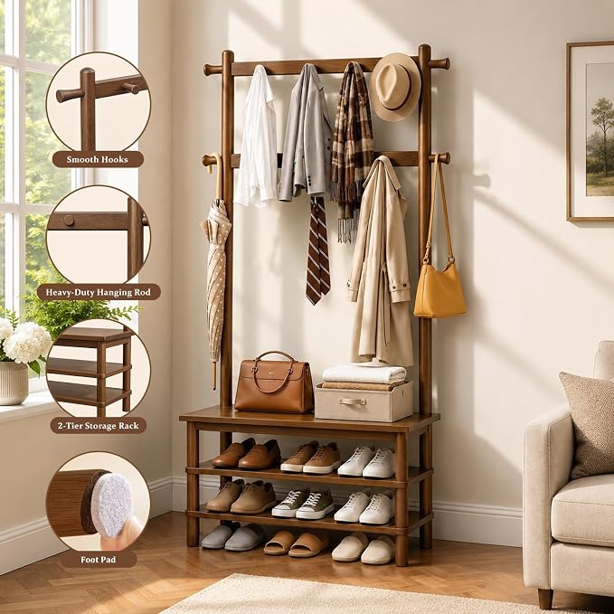 Solid Wood Hall Tree with Bench, Shoe Rack & 11 Hooks 27.2''