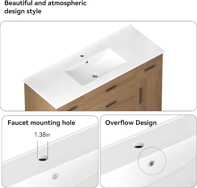 LUMISOL 48 Inch Bathroom Vanity with Sink, Freestanding Bathroom Vanity with Resin Sink, Tip-Out Drawer, Storage Drawers and 2 Soft-Closing Doors, Light Oak