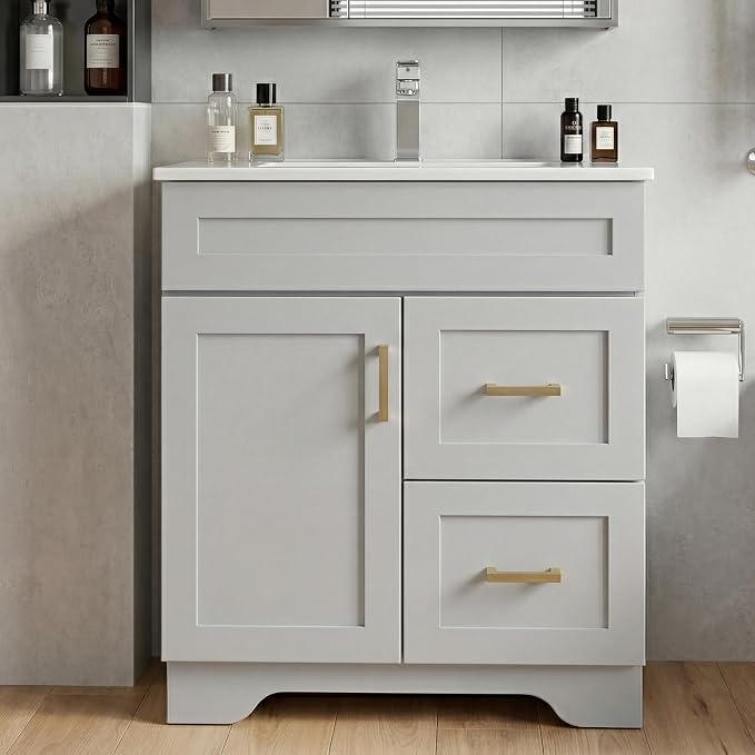 30 Inch Bathroom Vanity with Sink, Modern Shaker Bathroom Sink Cabinet with Soft-Close Door & 2 Drawers, Wood Freestanding Bathroom Storage Cabinet with Ceramic Basin, Grey