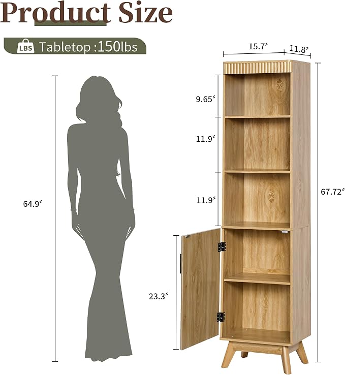 Bifins Natural 68" Tall Bathroom Storage Cabinet,15.7" Width | Narrow,Fluted Door,Adjustable Shelf,5 Tier,Next to Toilet,Next to TV Stand,Laundry Storage,Space Saving,Tower Storage