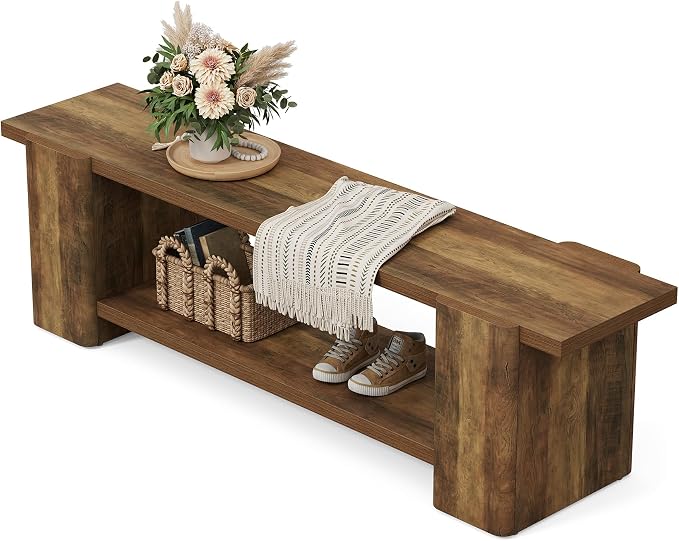 LITTLE TREE Wood Entryway Bench, 63" End of Bed Bench with Storage Shelf, Farmhouse Extra Long Shoe Bench for Entryway, Dining Room, Hallway, Living Room, Bedroom, Double-Reinforced Legs, Brown