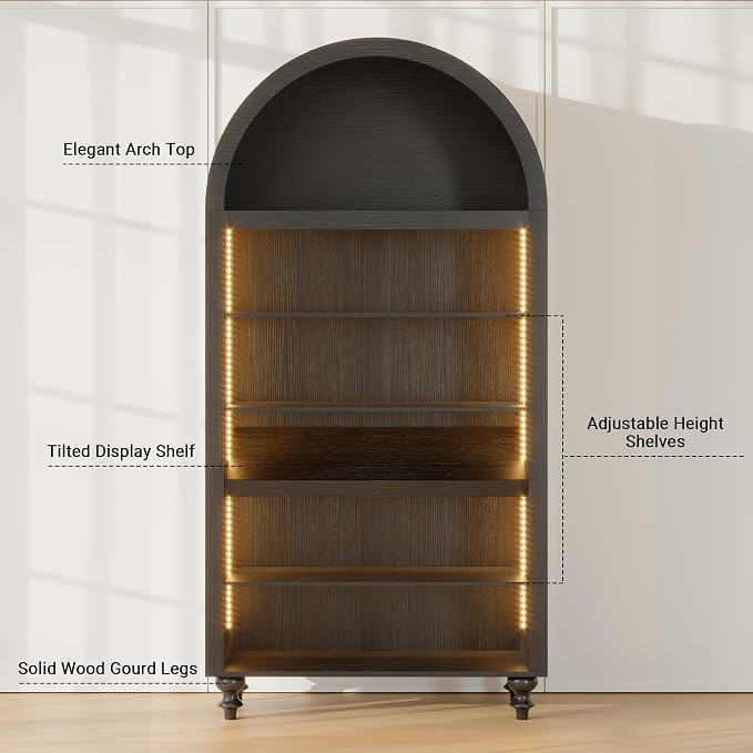 71" Tall Arch Bookcase, Modern Arched Storage Cabinet with Sensor LED Lights, 6-Tier Bookshelf with 2 Adjustable Shelves, Wood Display Cabinet for Living Room, Home Office (Black)