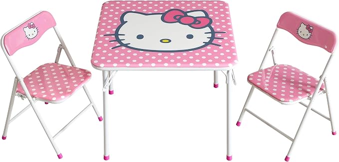 Hello Kitty Kids Activity Table and Chair Set, 3-Piece Square Table with 2 Folding Chairs, Sanrio Character Design,Furniture Set for Ages 3+