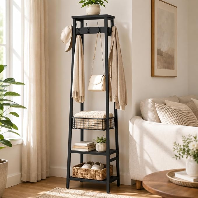 Coat Rack with Metal Basket and Storage Shelves