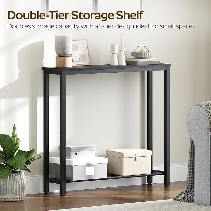 YATINEY Narrow Console Table, 2-Tier Small Sofa Table, 29.5" Thin Entryway Behind Couch Table with Shelves, Industrial Hallway Table, for Living Room, Foyer, Black CT03BB
